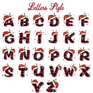 May include: Red and black plaid alphabet letters with a Santa hat and reindeer antlers. The letters are in a festive Christmas style.
