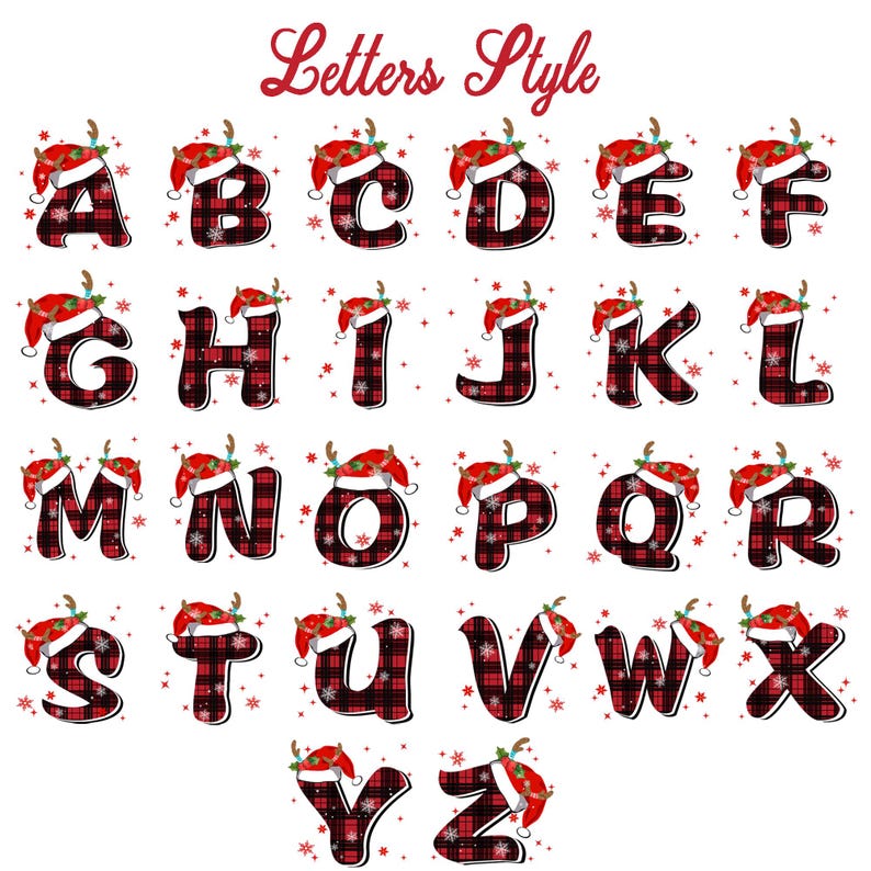 May include: Red and black plaid alphabet letters with a Santa hat and reindeer antlers. The letters are in a festive Christmas style.