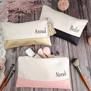 Trousse à cosmétiques personnalisée pour demoiselle d'honneur avec nom, trousse à maquillage en lin personnalisée, pochette pour trousse à cosmétiques, cadeau de demoiselle d'honneur, cadeaux d'enterrement de vie de jeune fille