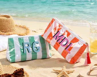 Personalized Striped PVC Makeup Bag, Waterproof Cosmetic Pouch,Bachelorette Party Gift, Tropical Bridesmaid Makeup Case