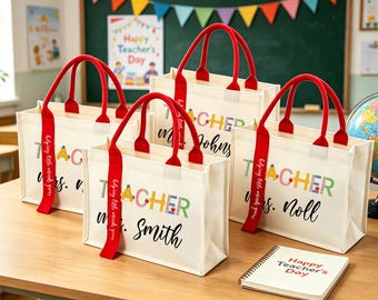 Personalized Teacher Cotton Canvas Tote Bag,Custom Teacher Appreciation Gift Bag Teacher Name Bag,Back To School Gift