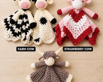 3 Cow Lovey Crochet Patterns PDF | Highland Cow, Strawberry Cow & Holstein Cow Bundle | Farm Animal Nursery