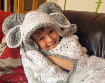 2 in 1 Hooded Ram Sheep Blanket in Adult and Child Sizes Crochet Pattern - Easter Spring Lamb Folding Blanket with Horns