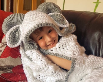 2 in 1 Hooded Ram Sheep Blanket in Adult and Child Sizes Crochet Pattern - Easter Spring Lamb Folding Blanket with Horns