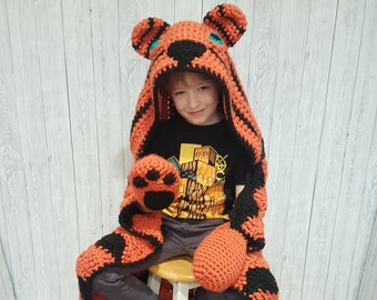 2in1 Safari Tiger Hooded Blanket Adult & Child Sizes CROCHET PATTERN | Animal Hooded Blanket | Wearable Blanket | Gift for Him Kids Blanket