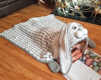 2 in 1 Hooded Woodland Bunny Rabbit Blanket in Adult and Child Sizes Crochet Pattern - Folding Blanket - Farm Animals - Great Gift