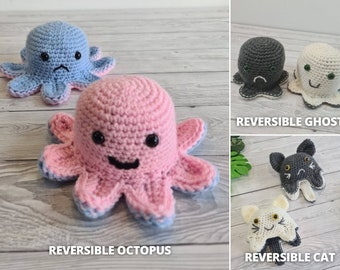 3 Reversible Crochet Amigurumi Toys Bundle - Reversible Octopus Pattern Reversible Mood Cat & Spooky Ghost Amigurumi Toys - Baby Shower Gift