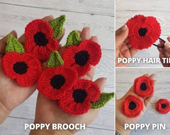 Bundle of 3 Poppy Flower Crochet Patterns | Poppy Brooch, Poppy Pin, Poppy Hair Tie - Easy Flower Applique For Blanket Hat Clothes Jewelry