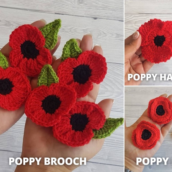 Bundle of 3 Poppy Flower Crochet Patterns | Poppy Brooch, Poppy Pin, Poppy Hair Tie - Easy Flower Applique For Blanket Hat Clothes Jewelry