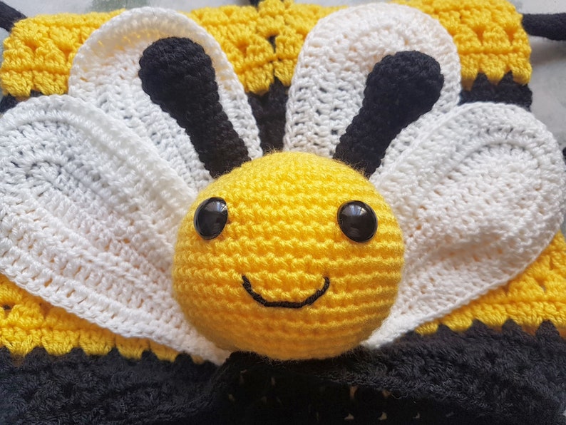 3in1 Happy Bee Folding Baby Blanket Toy Lovey Crochet Pattern Baby Shower Gift Bee Keeper Present Nursery Decoration Cot Blanket image 10