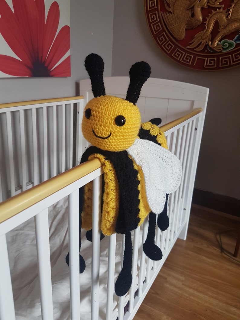 3in1 Happy Bee Folding Baby Blanket Toy Lovey Crochet Pattern Baby Shower Gift Bee Keeper Present Nursery Decoration Cot Blanket image 5