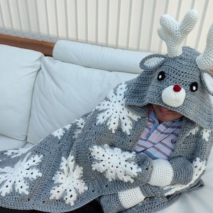 2in1 Hooded Reindeer Blanket Crochet Pattern Kids Adults Christmas Reindeer Afghan Wearable Blanket Hoodie Birthday Gift Blanket Throw 画像 1