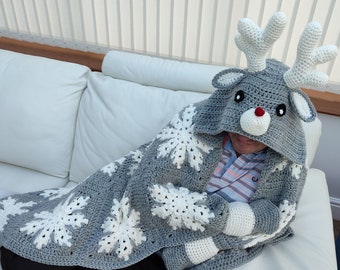 2in1 Hooded Reindeer Blanket Crochet Pattern | Kids Adults Christmas Reindeer Afghan | Wearable Blanket Hoodie Birthday Gift Blanket Throw
