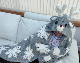 2in1 Hooded Reindeer Blanket Crochet Pattern Kids Adults