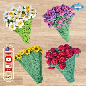May include: Four crochet flower bouquets in green cone-shaped holders. The top left features white and yellow flowers, the top right has purple and pink flowers, the bottom left shows yellow sunflowers, and the bottom right displays red roses.