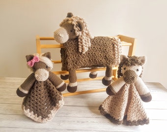 Horse Baby Blanket & 2 Horse Loveys Baby Shower Set Crochet Patterns | Multipurpose Baby Blanket and Amigurumi Horse Lovey Baby Shower Gift