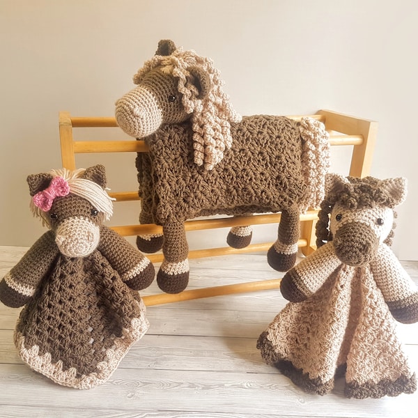 Couverture pour bébé cheval et 2 chevaux Loveys Baby Shower Set modèles de crochet | Couverture pour bébé polyvalente et cadeau de baby shower Amigurumi Horse Lovey