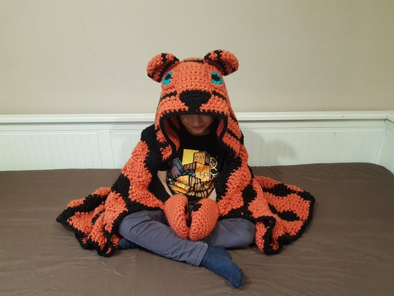 2in1 Safari Tiger Hooded Blanket Adult Child Sizes CROCHET