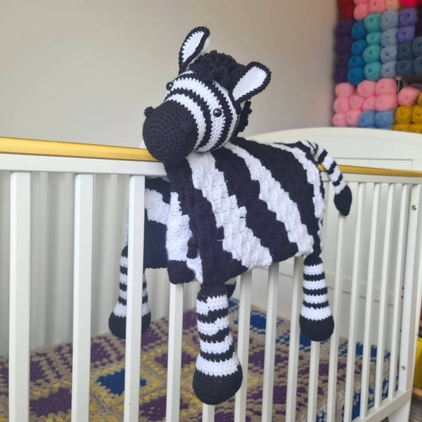 3in1 Safari Zebra Baby Blanket Toy Crochet Pattern | Poussette landau jouet couverture de sécurité Lovey bébé douche cadeau tapis de jeu imprimé zèbre afghan