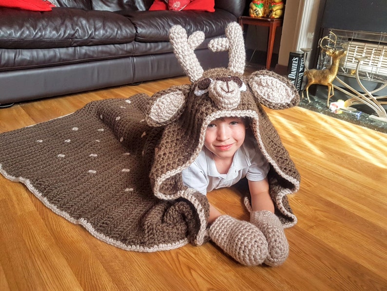 2in1 Woodland Deer Hooded Blanket Crochet Pattern Adult & Child Sizes Super Chunky Blanket Animal Fawn Deer Crocheting Blanket Gift image 1