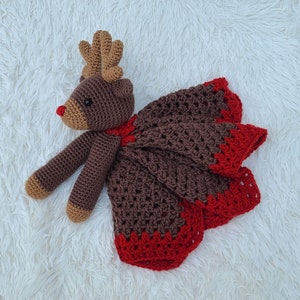 Rudolph Reindeer Baby Lovey Blanket Comforter Security Blanket Crochet Pattern Baby Shower Gift Animal Lovey Amigurumi Blankie For Baby image 4