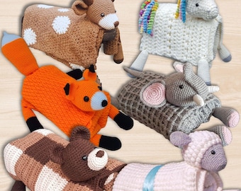 Lot de 6 modèles de couverture pour bébé, animal au crochet, 3 en 1 (Modèle PDF)