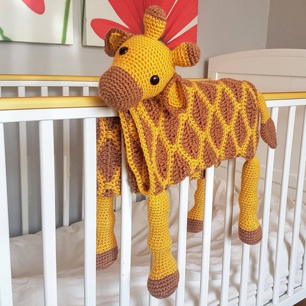 Modèle de crochet de couverture pliante pour bébé girafe Safari 3 en 1 | Poussette Landau Jouet Couverture de sécurité Lovey | Cadeau de baby shower pour garçon et fille