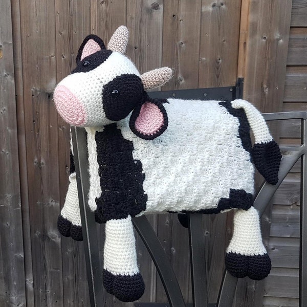 Couverture pliante pour bébé vache de ferme 3 en 1 au crochet | Impression vache Graphghan C2C | Couverture au crochet pour landau Lovey | Cadeau baby shower | Anniversaire