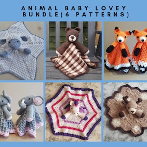 Könnte beinhalten: Ein Set mit sechs Häkelmustern für Baby-Lieblinge mit verschiedenen Tierdesigns, darunter ein Bär, ein Fuchs, ein Elefant, ein Einhorn und ein Reh. Jedes Muster enthält ein gehäkeltes Tier und eine Decke.