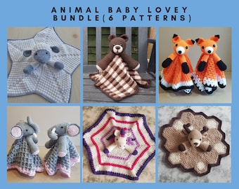 6 PATTERNS BUNDLE Of Animal Baby Lovey Security Blankets Toy - Sheep, Bear, Fox, Unicorn, Elephant & Deer - Baby Shower Gifts Birthday Toy