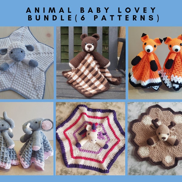 6 MUSTER-PAKET Tierbaby Lovey Sicherheitsdecken Spielzeug - Schaf, Bär, Fuchs, Einhorn, Elefant & Hirsch - Baby Shower Geschenke Geburtstag Spielzeug