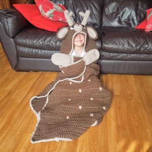 2in1 Woodland Deer Hooded Blanket Crochet Pattern Adult & Child Sizes Super Chunky Blanket Animal Fawn Deer Crocheting Blanket Gift image 8