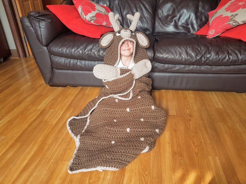 2in1 Woodland Deer Hooded Blanket Crochet Pattern Adult & Child Sizes Super Chunky Blanket Animal Fawn Deer Crocheting Blanket Gift image 8