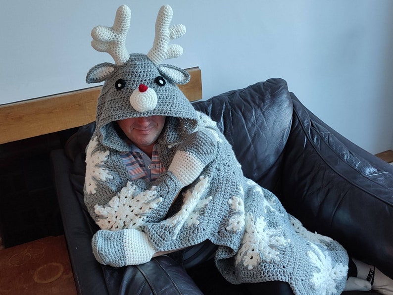 2in1 Hooded Reindeer Blanket Crochet Pattern Kids Adults Christmas Reindeer Afghan Wearable Blanket Hoodie Birthday Gift Blanket Throw 画像 4