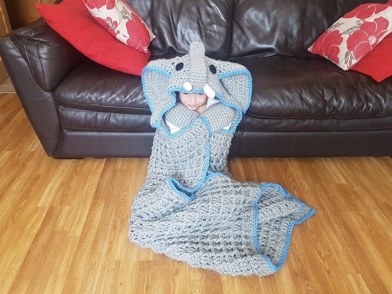 2 in 1 Elephant Hooded Blanket in Adult and Child Sizes Crochet Pattern Safari Animal Decorative Folding Blanket Birthday Christmas Gift image 4