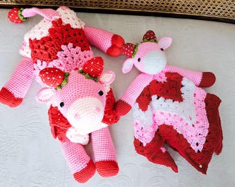 Strawberry Cow Crochet Pattern Set Bundle PDF| Folding Animal Blanket & Cow Lovey Toy | Farm Animal Nursery Gift