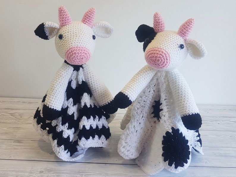 Daisy & Duke Cow Lovey Blanket Crochet Patterns Security Blanket Baby Shower Gift Farm Animals Baby Lovey Cuddle Play Toy Amigurumi Cow image 1