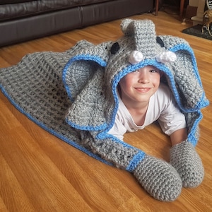 2 in 1 Elephant Hooded Blanket in Adult and Child Sizes Crochet Pattern Safari Animal Decorative Folding Blanket Birthday Christmas Gift image 1