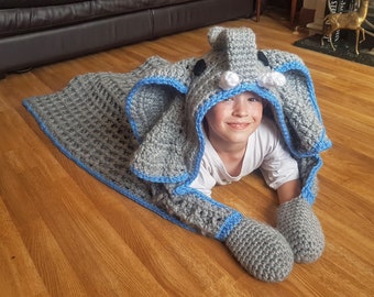 2 in 1 Elephant Hooded Blanket in Adult and Child Sizes Crochet Pattern - Safari Animal Decorative Folding Blanket  Birthday Christmas Gift