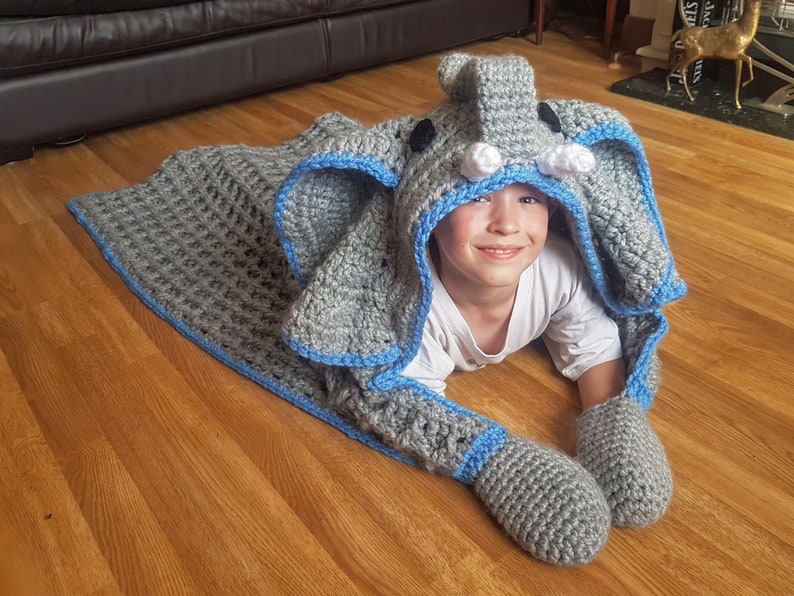 2 in 1 Elephant Hooded Blanket in Adult and Child Sizes Crochet Pattern Safari Animal Decorative Folding Blanket Birthday Christmas Gift image 1