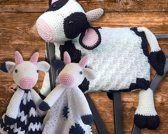 Crochet Cow Folding Blanket + 2 Baby Security Lovey Pattern PDF | Amigurumi Cow Blanket Toy | Farm Animal Nursery Gift