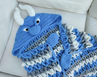 2in1 Hooded Ice Dragon Blanket Crochet Pattern | Kids Adults Dragon Afghan | Wearable Blanket Hoodie Birthday Gift Blanket Christmas Throw