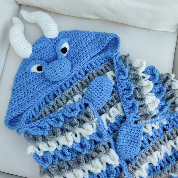 2in1 Hooded Ice Dragon Blanket Crochet Pattern | Kids Adults Dragon Afghan | Wearable Blanket Hoodie Birthday Gift Blanket Christmas Throw