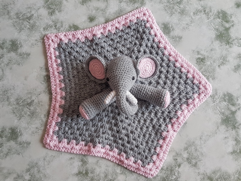 Ella The Elephant Baby Lovey Security Blanket Crochet Pattern ~ Up or Down Trunk ~ Two Style Blankie ~ Baby Shower Birthday Gift Unisex
