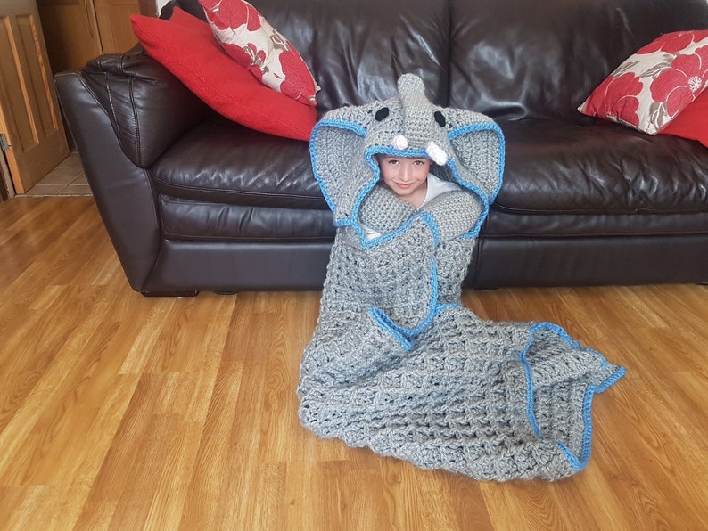 2 in 1 Elephant Hooded Blanket in Adult and Child Sizes Crochet Pattern Safari Animal Decorative Folding Blanket Birthday Christmas Gift image 2