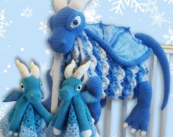 Padrão de manta e aninha de dragão de crochê para bebê | Conjunto de amigurumi para entulho (PDF)