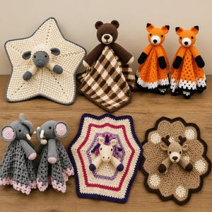 Paquete de 6 patrones de ganchillo de peluches de animales en PDF / Mantas de seguridad / Paquete de juguetes de mantas de seguridad / Oveja, oso, zorro, unicornio, elefante y ciervo