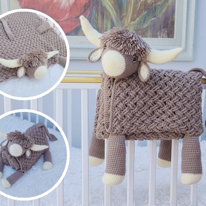 Coperta per bambini pieghevole 3in1 con mucca delle Highland, motivo all'uncinetto / coperta con mucca scozzese / coperta per carrozzina all'uncinetto giocattolo Lovey / regalo per baby shower / compleanno