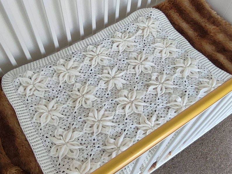 White Poinsettia Afghan Blanket Lapghan Crochet Pattern Flower Blanket Baby Shower Gift Granny Square Blanket Baby Gift Birthday Present image 5