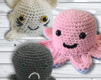3 omkeerbare amigurumi haakpatronen + VIDEO PDF | Stemmingsbundel: octopus, kat & spook | Leuke cadeau-ideeën